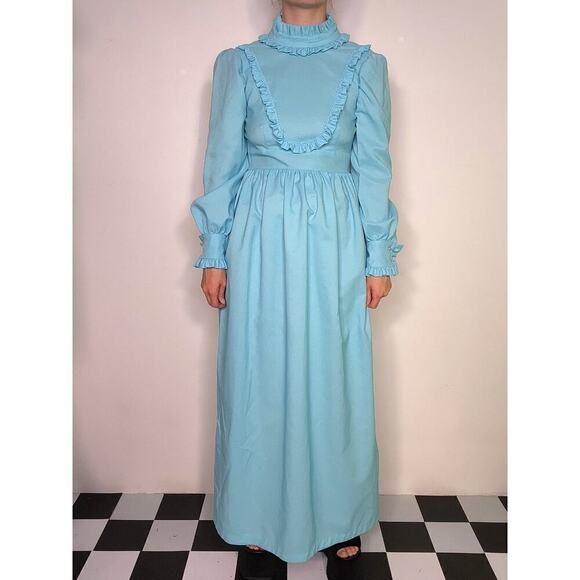 Vtg 60s 70s Handmade Blue Ruffle Prairie Cottage Empire Waist Dress Sz X-Small - Picture 2 of 10